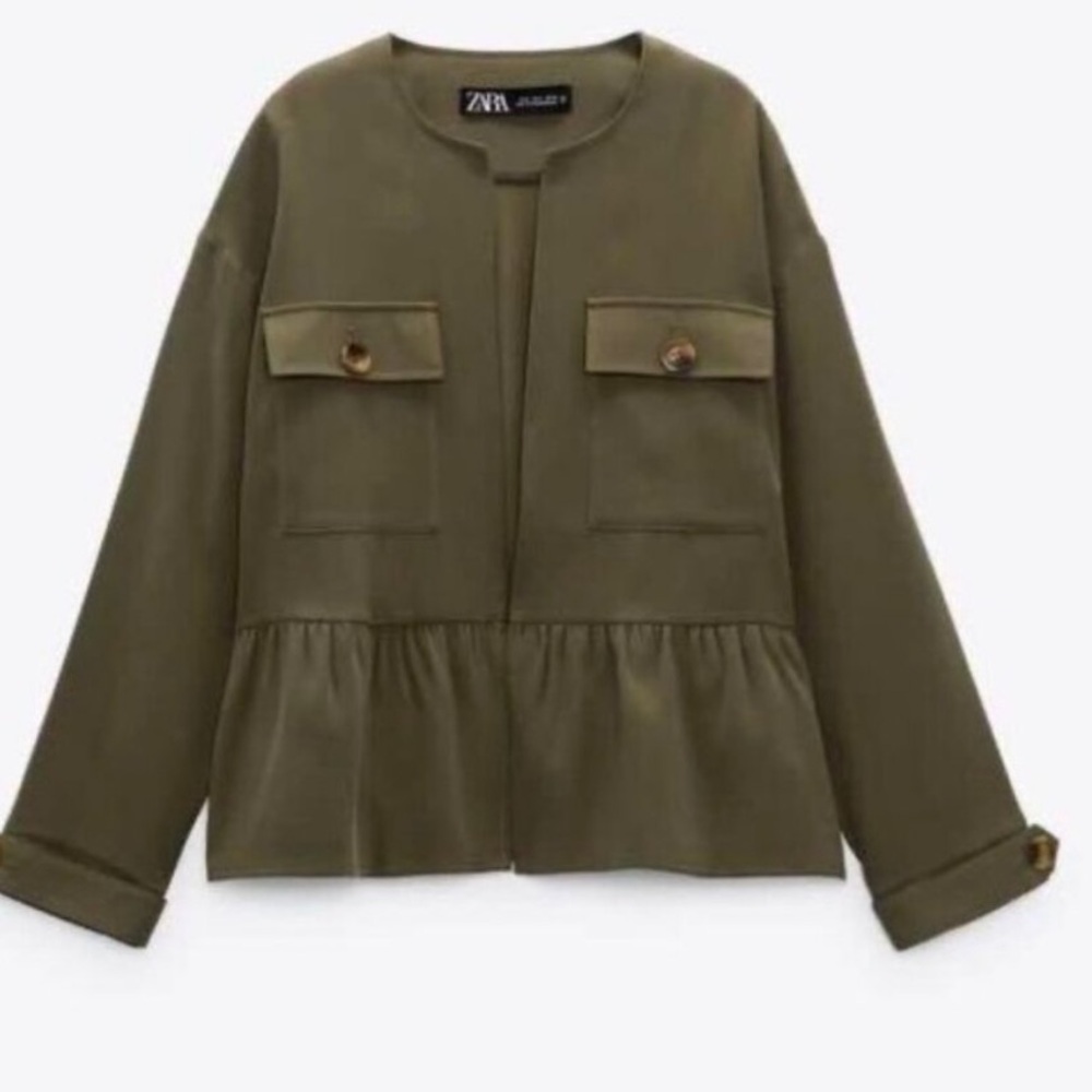 ZARA NWT Army Green Peplum Utility Jacket – Viscose Blend, Open Front
